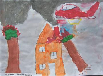 Child's painting of a bushfire threatening a house