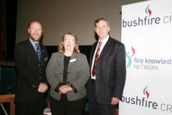  Gary Morgan, left, Acting CEO of the Bushfire CRC, shared the podium with Cr Robyn Smith and The Hon David Hawker